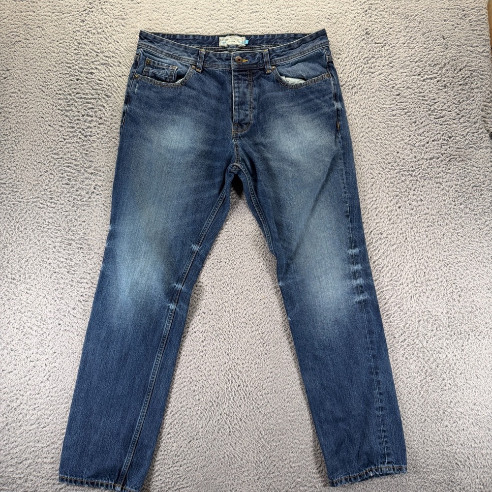 Next Jeans Mens 36x31 Blue Cotton Denim Straight Slim Workwear Faded Button Fly